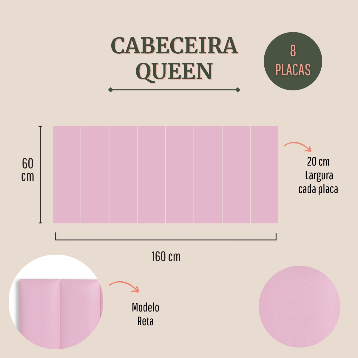Cabeceira Queen Estofada Para Cama Box Kit 8 Placas Adesivas - Modelo Reta Courino Rosa