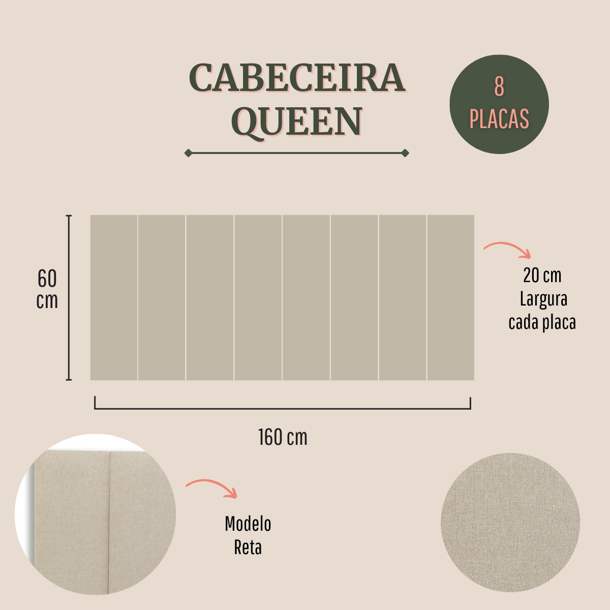 Cabeceira Queen Estofada Para Cama Box Kit 8 Placas Adesivas - Modelo Reta Linho Cru