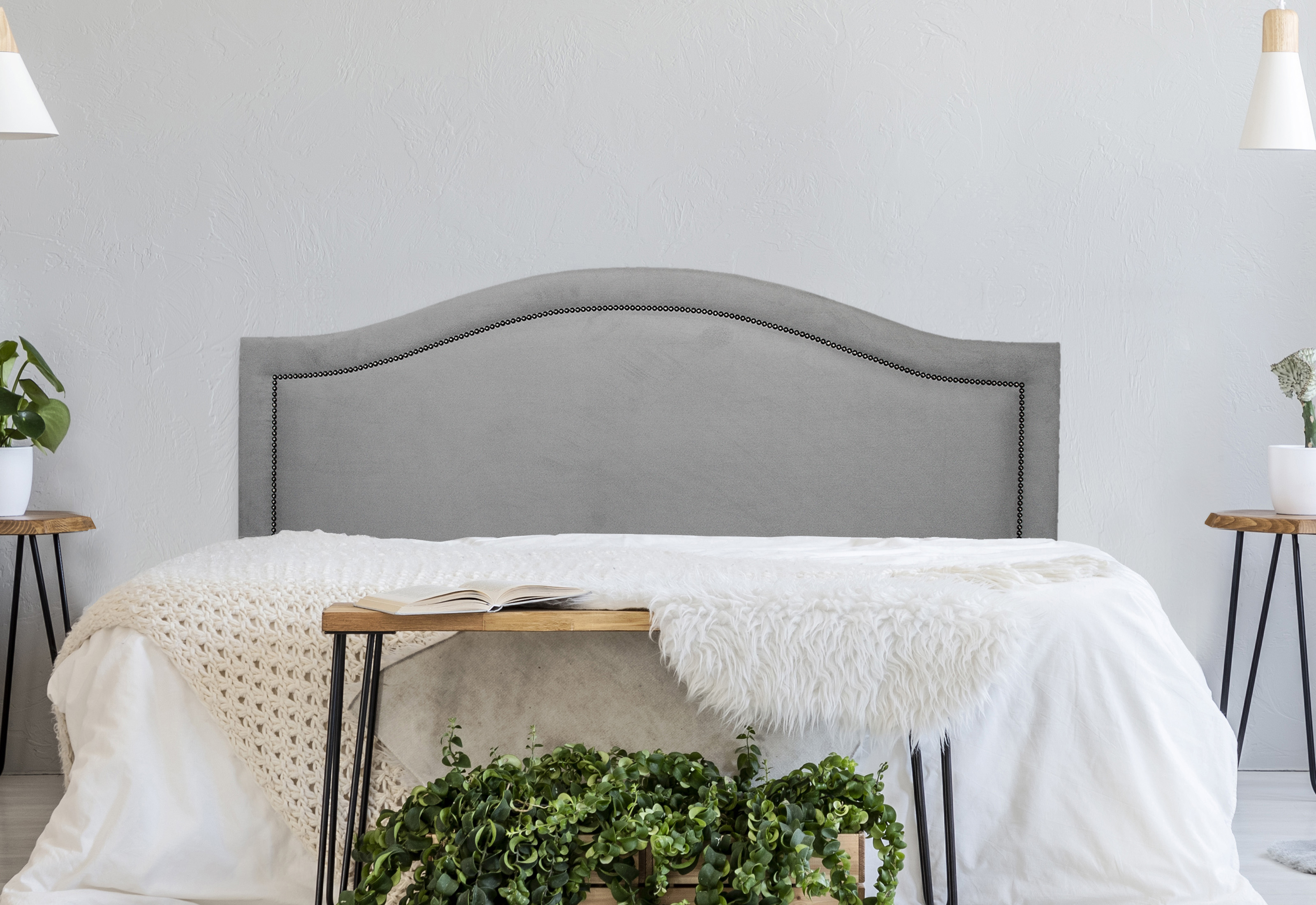 Cabeceira Queen Para Cama Box Curva 160x60 Suede Cinza - Tachas Fumê