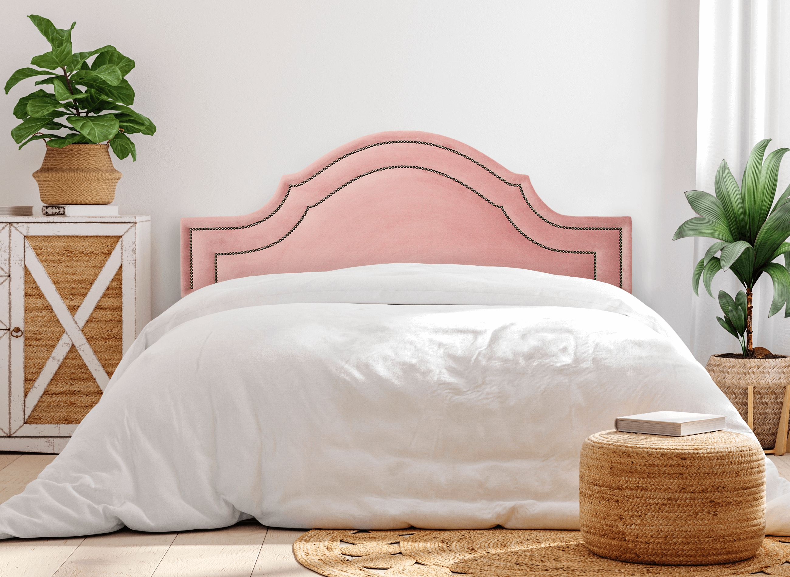 Cabeceira Queen Para Cama Box Provençal Dupla 160x60 Veludo Rosê - Tachas Fumê