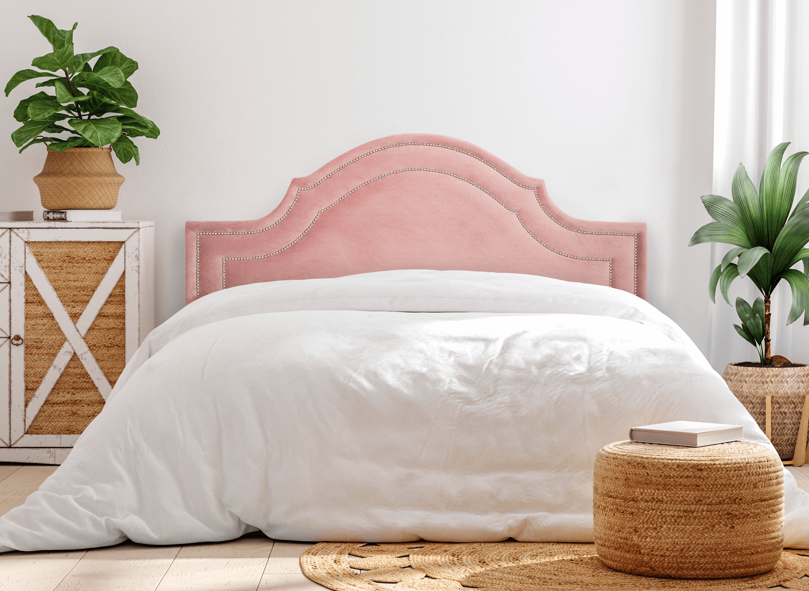 Cabeceira Queen Para Cama Box Provençal Dupla 160x60 Veludo Rosê - Tachas Prata