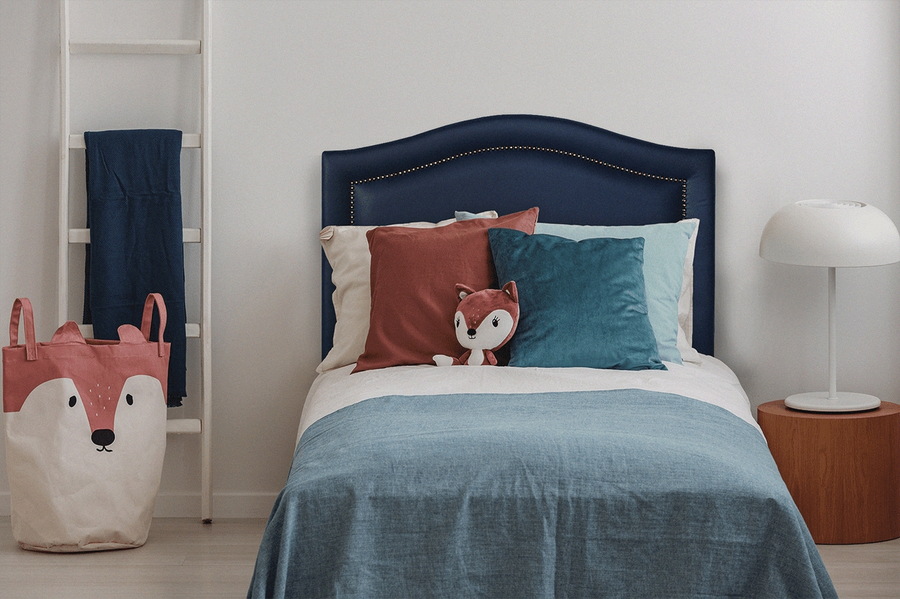 Cabeceira Solteiro Curva 90x60cm Courino Azul - Tachas Fumê