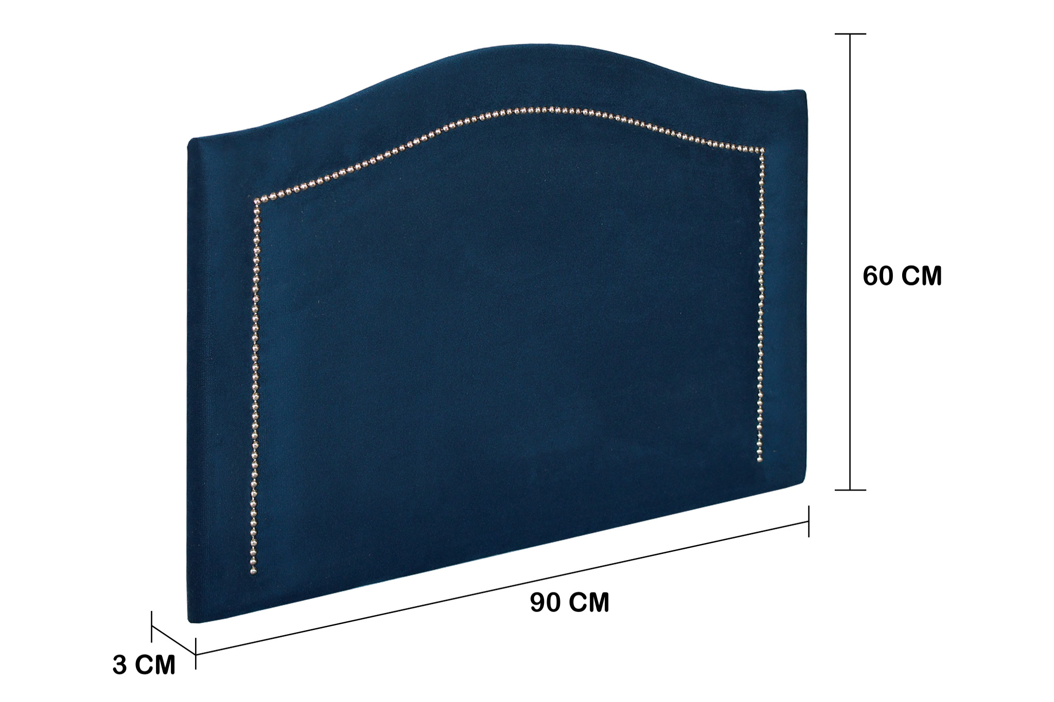 Cabeceira Solteiro Curva 90x60cm Veludo Azul - Tachas Prata