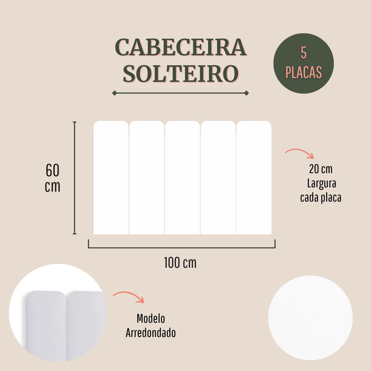 Cabeceira Solteiro Estofada Para Cama Box Kit 5 Placas Adesivas - Modelo Arredondada Courino Branco