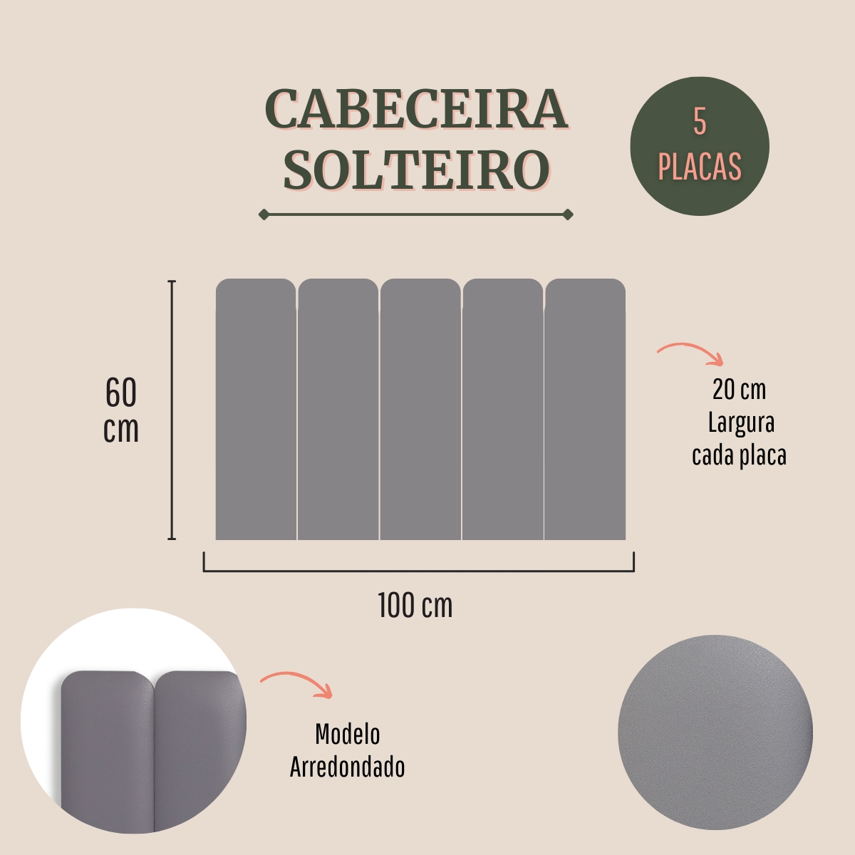 Cabeceira Solteiro Estofada Para Cama Box Kit 5 Placas Adesivas - Modelo Arredondada Courino Cinza