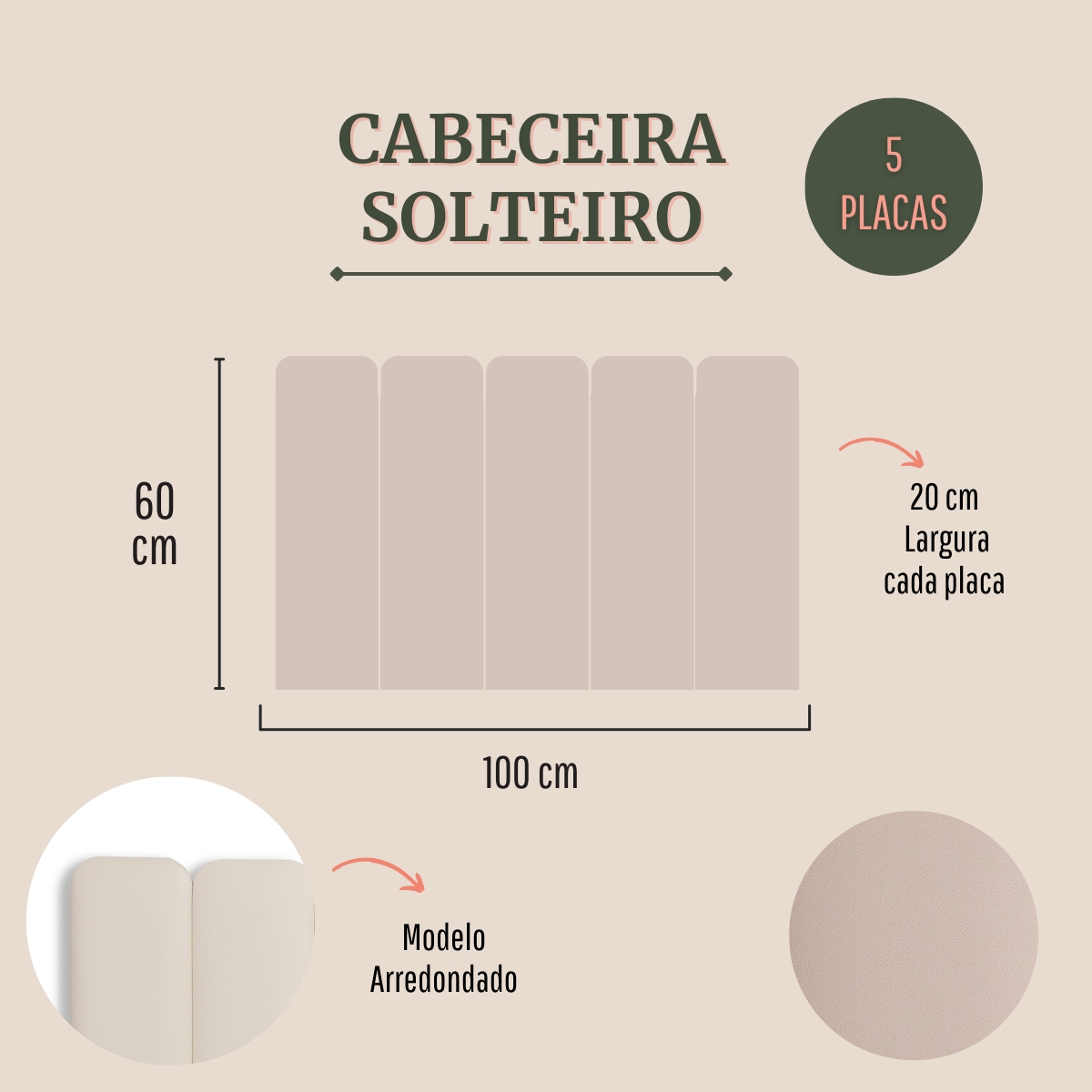 Cabeceira Solteiro Estofada Para Cama Box Kit 5 Placas Adesivas - Modelo Arredondada Courino Off White