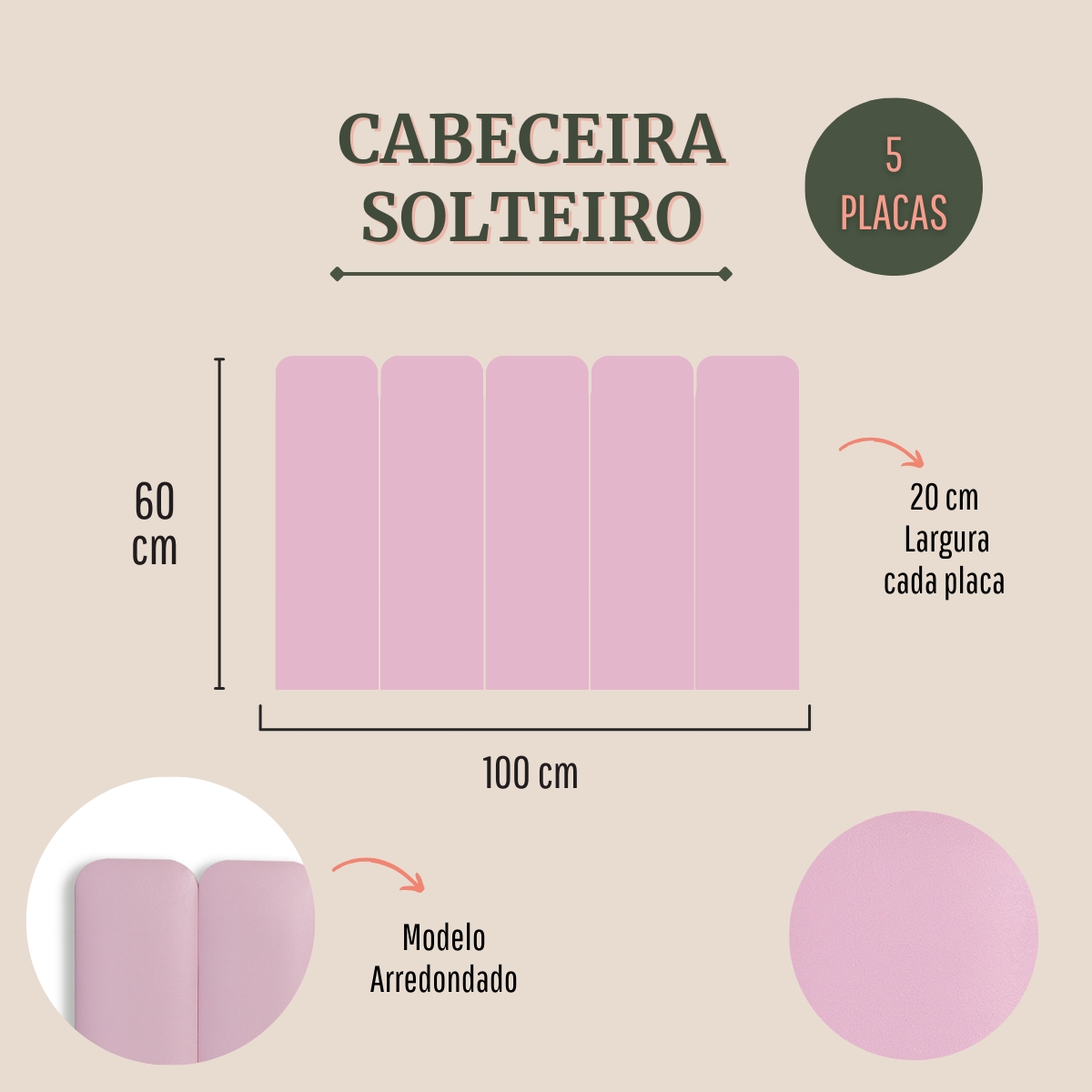 Cabeceira Solteiro Estofada Para Cama Box Kit 5 Placas Adesivas - Modelo Arredondada Courino Rosa