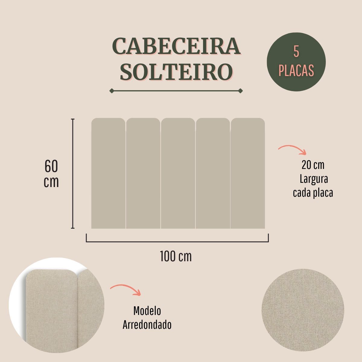 Cabeceira Solteiro Estofada Para Cama Box Kit 5 Placas Adesivas - Modelo Arredondada Linho Cru