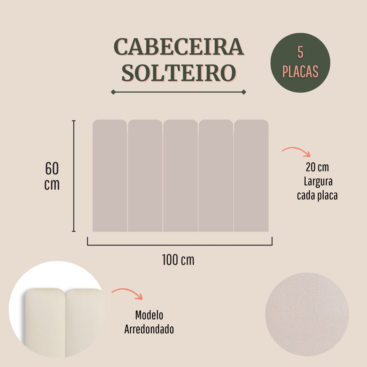 Cabeceira Solteiro Estofada Para Cama Box Kit 5 Placas Adesivas - Modelo Arredondada Suede Off White