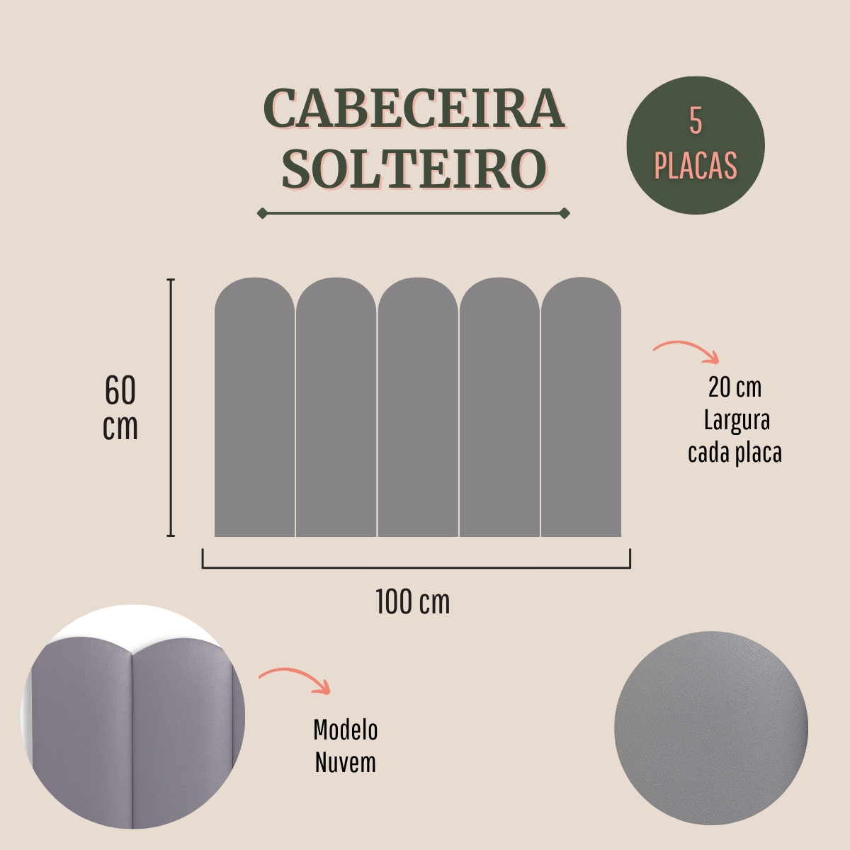 Cabeceira Solteiro Estofada Para Cama Box Kit 5 Placas Adesivas - Modelo Nuvem Courino Cinza