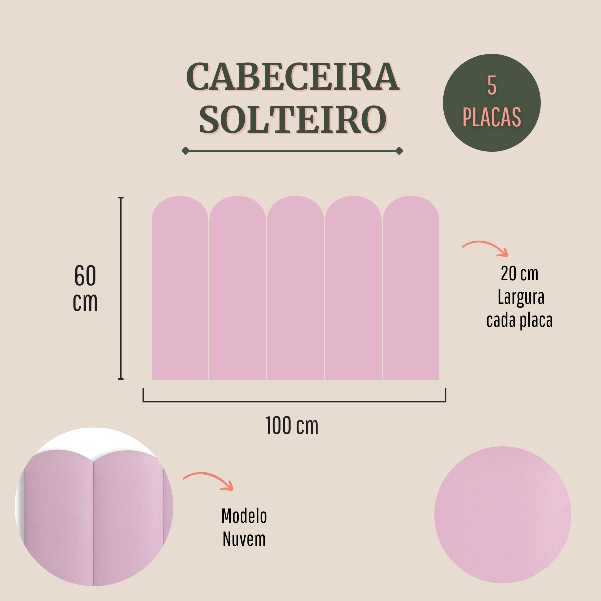 Cabeceira Solteiro Estofada Para Cama Box Kit 5 Placas Adesivas - Modelo Nuvem Courino Rosa