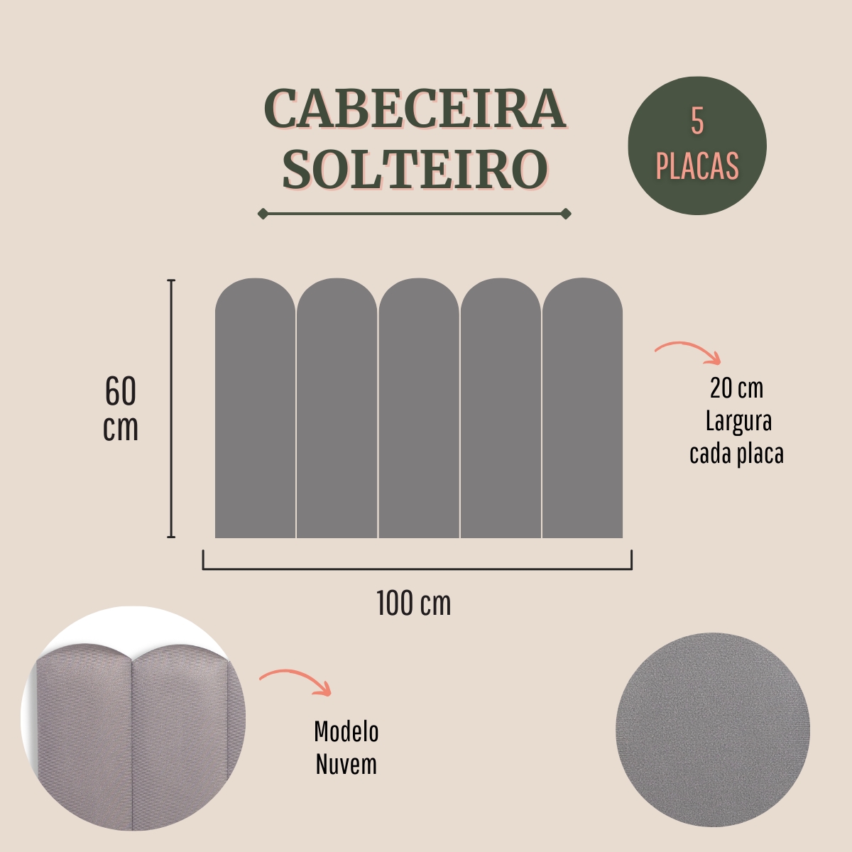 Cabeceira Solteiro Estofada Para Cama Box Kit 5 Placas Adesivas - Modelo Nuvem Suede Cinza