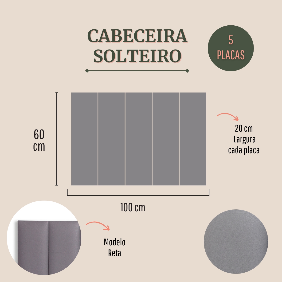 Cabeceira Solteiro Estofada Para Cama Box Kit 5 Placas Adesivas - Modelo Reta Courino Cinza