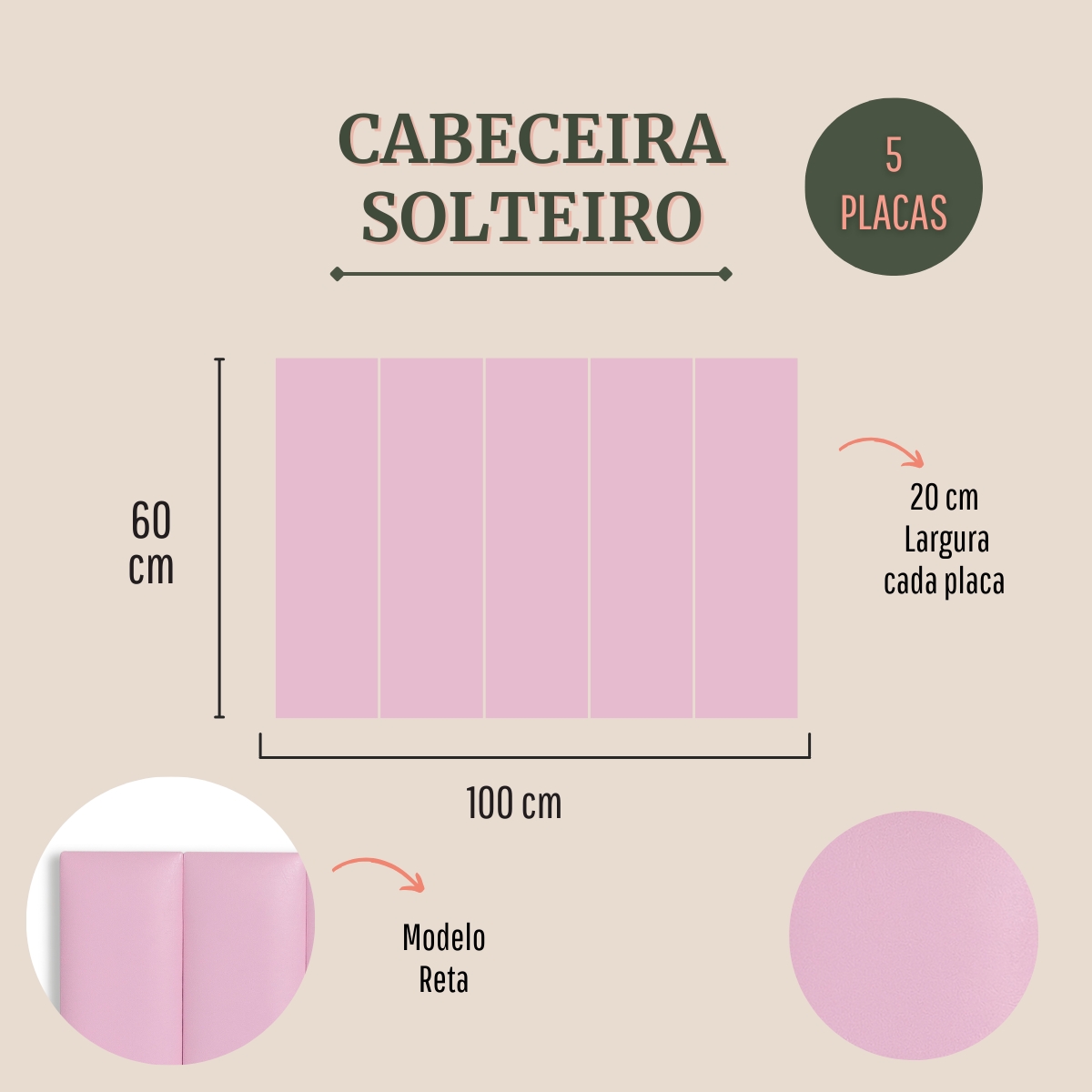 Cabeceira Solteiro Estofada Para Cama Box Kit 5 Placas Adesivas - Modelo Reta Courino Rosa