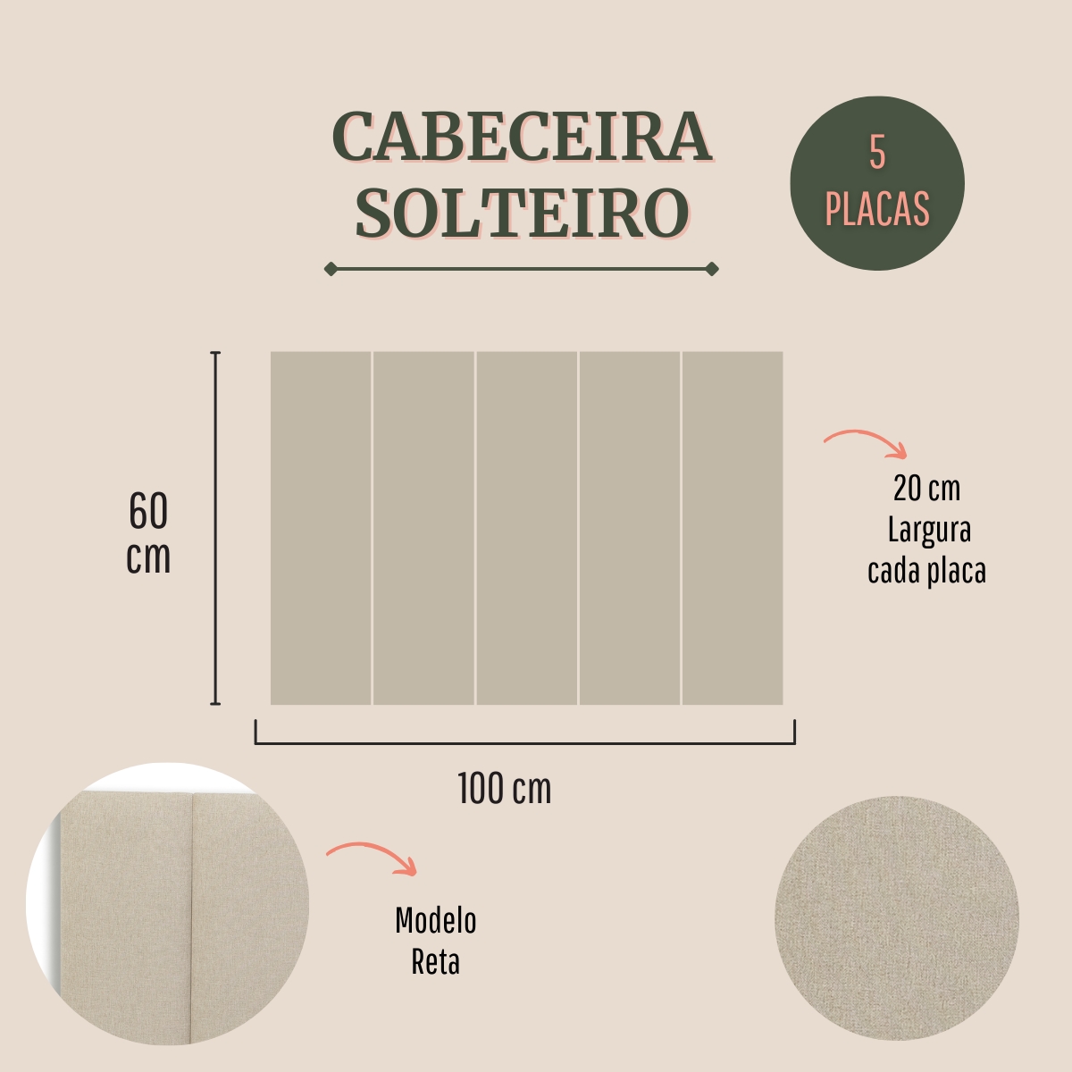 Cabeceira Solteiro Estofada Para Cama Box Kit 5 Placas Adesivas - Modelo Reta Linho Cru