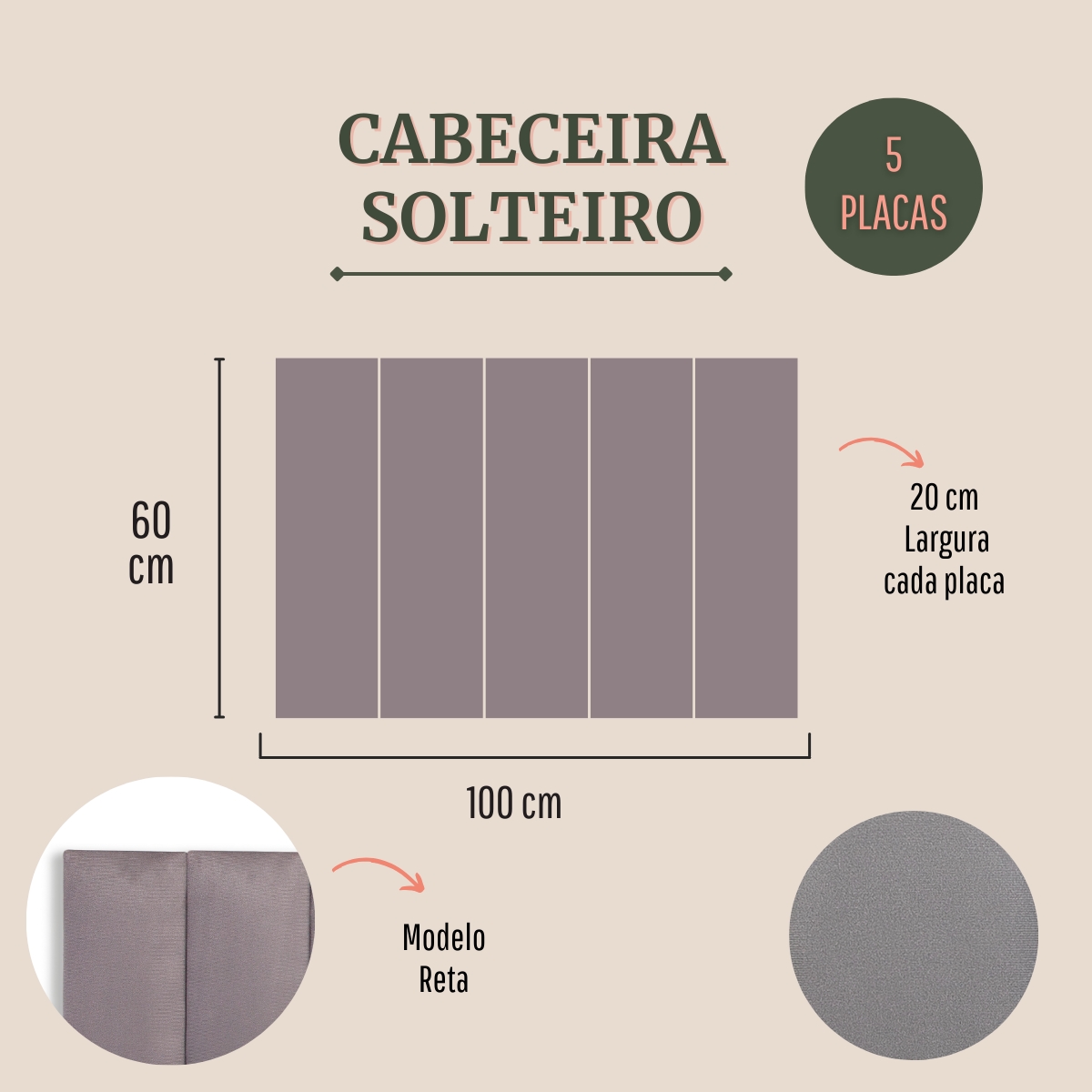 Cabeceira Solteiro Estofada Para Cama Box Kit 5 Placas Adesivas - Modelo Reta Suede Cinza