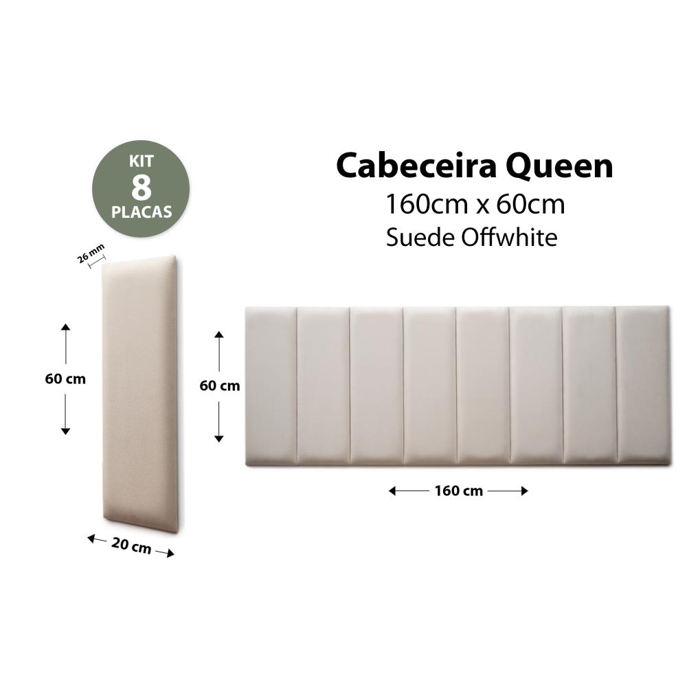 Placas Cabeceira Modulada Reta  Adesiva Queen Estofada 160cm x 60cm Kit 8 Placas - Suede Off White