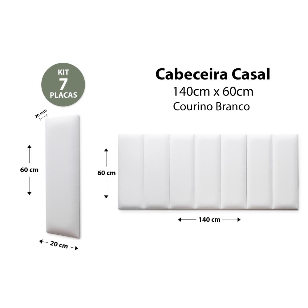 Placas Cabeceira Modulada Reta Adesiva Casal Estofada 140cm x 60cm Kit 7 Placas - Courino Branco