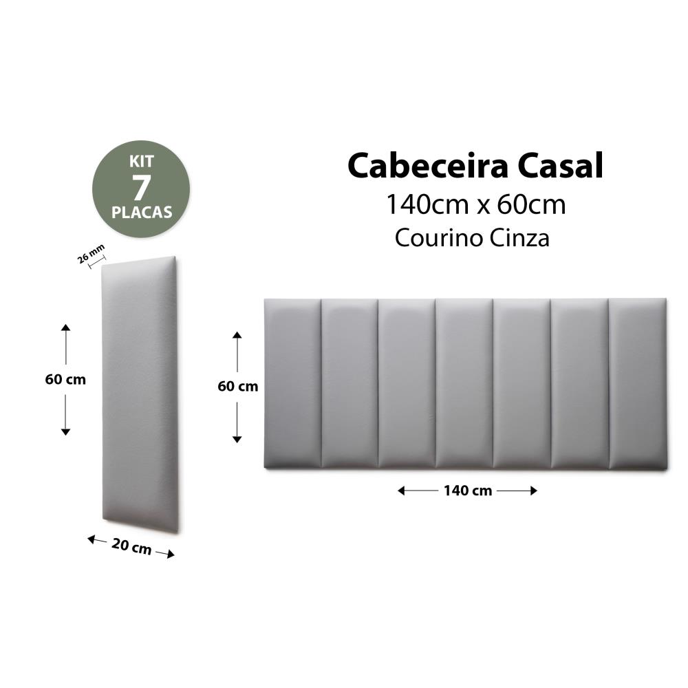 Placas Cabeceira Modulada Reta Adesiva Casal Estofada 140cm x 60cm Kit 7 Placas - Courino Cinza