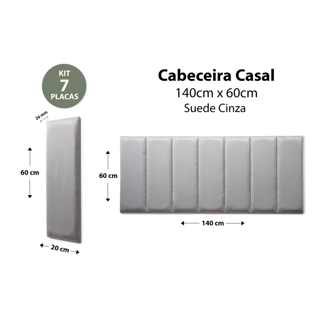 Placas Cabeceira Modulada Reta Adesiva Casal Estofada 140cm x 60cm Kit 7 Placas - Suede Cinza