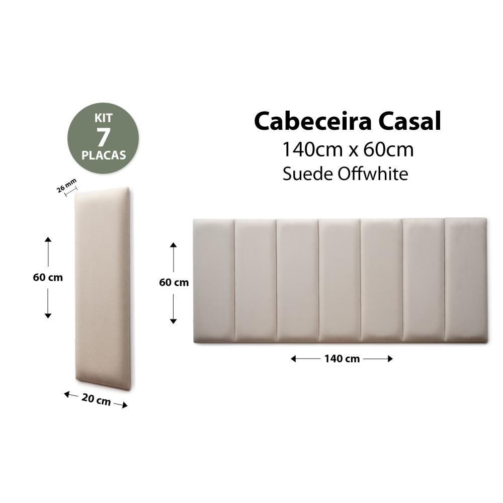 Placas Cabeceira Modulada Reta Adesiva Casal Estofada 140cm x 60cm Kit 7 Placas - Suede Off White