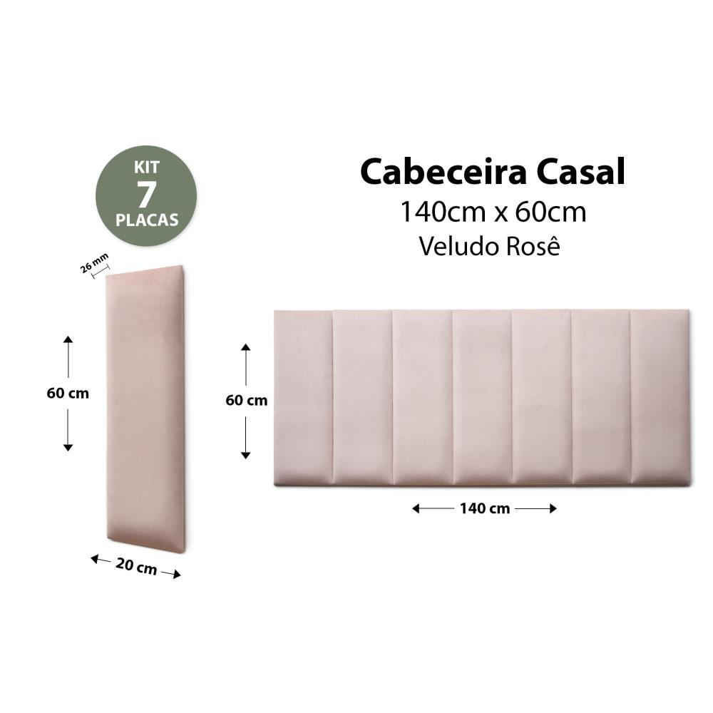 Placas Cabeceira Modulada Reta Adesiva Casal Estofada 140cm x 60cm Kit 7 Placas - Veludo Nude