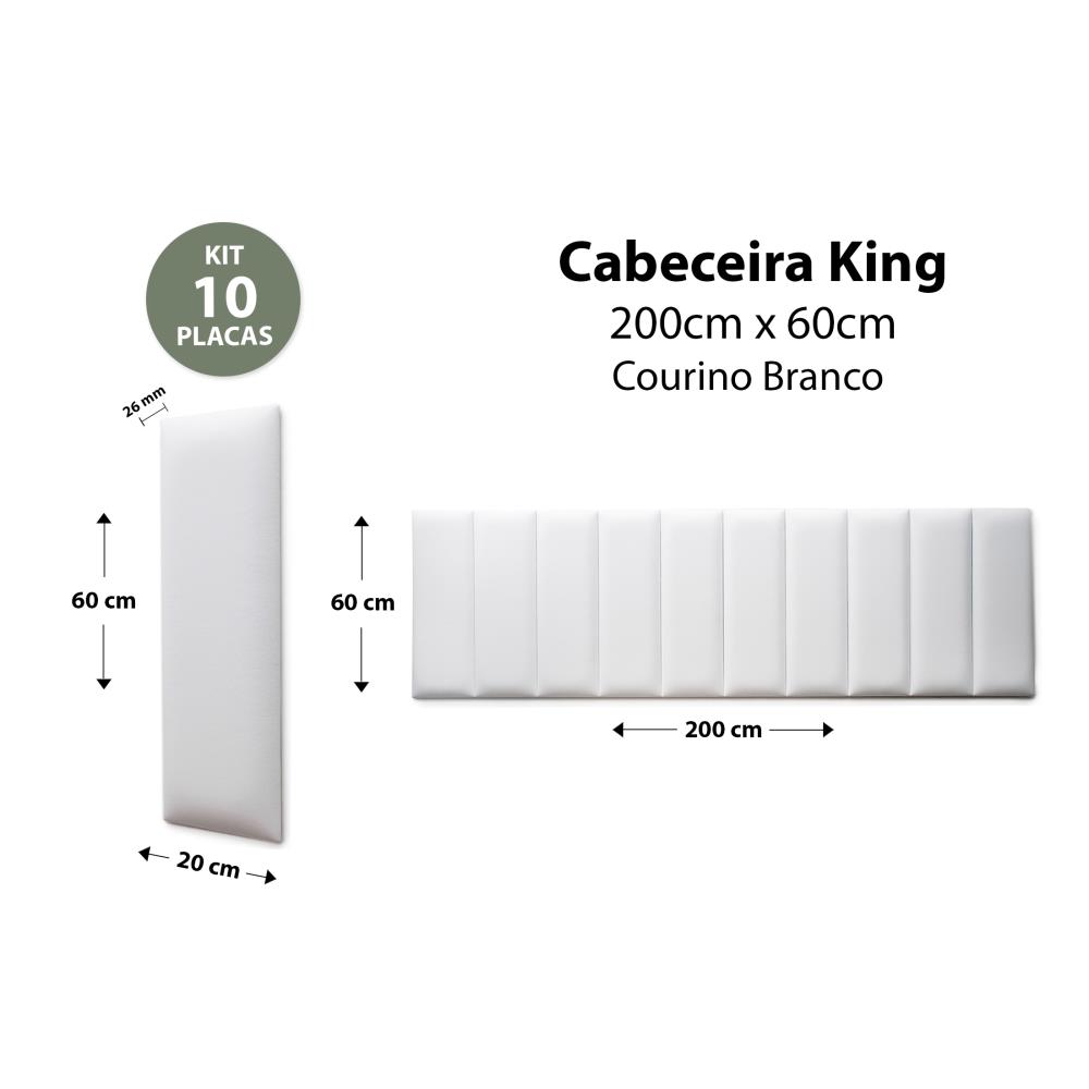 Placas Cabeceira Modulada Reta Adesiva King Estofada 200cm x 60cm Kit 10 Placas - Courino Branco