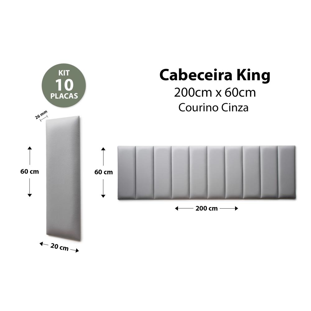 Placas Cabeceira Modulada Reta Adesiva King Estofada 200cm x 60cm Kit 10 Placas - Courino Cinza