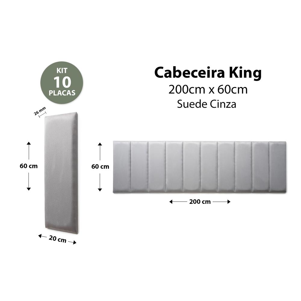 Placas Cabeceira Modulada Reta Adesiva King Estofada 200cm x 60cm Kit 10 Placas - Suede Cinza