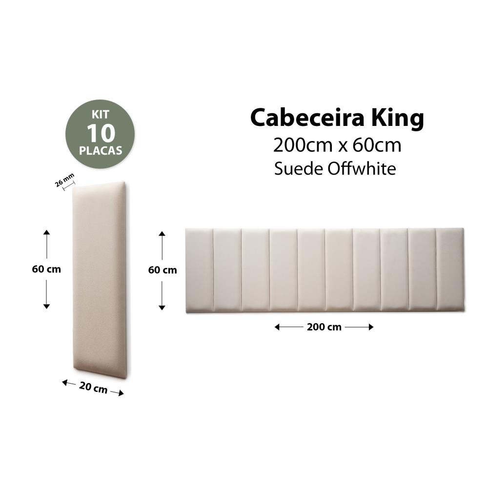 Placas Cabeceira Modulada Reta Adesiva King Estofada 200cm x 60cm Kit 10 Placas - Suede Off White