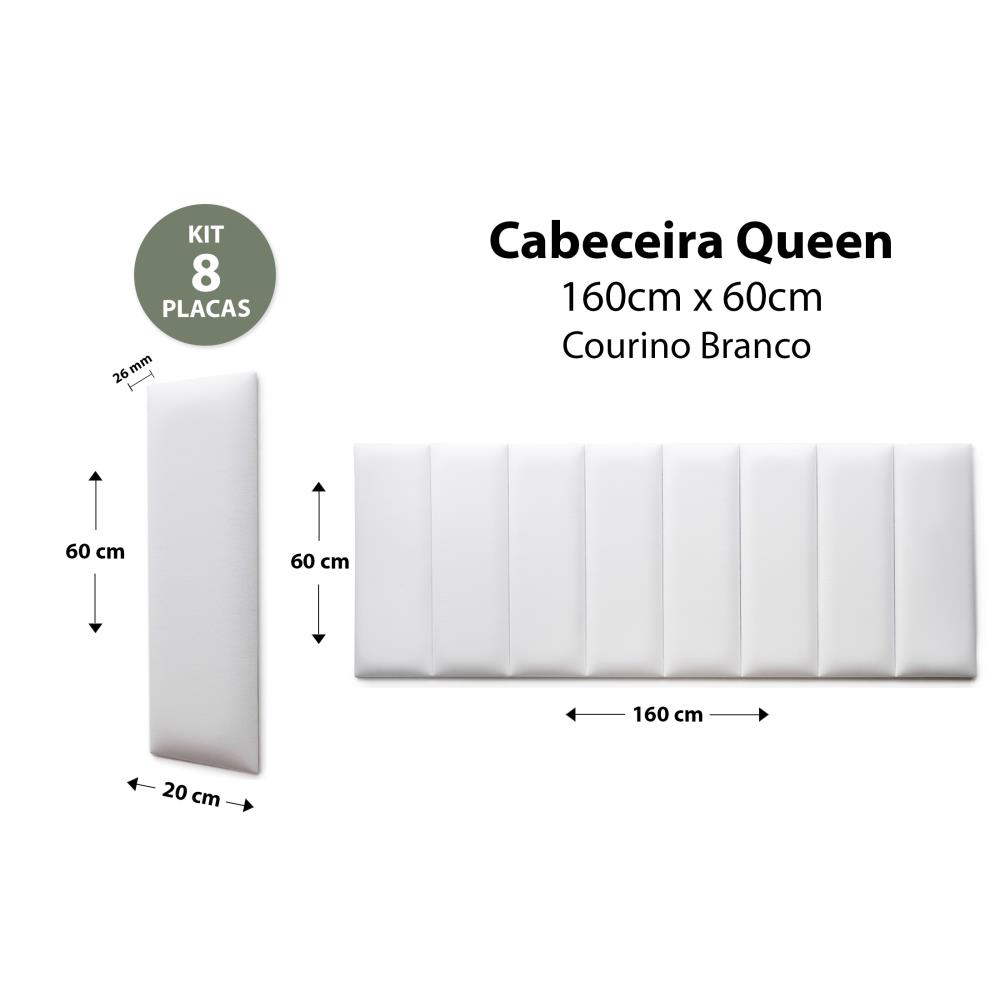 Placas Cabeceira Modulada Reta Adesiva Queen Estofada 160cm x 60cm Kit 8 Placas - Courino Branco
