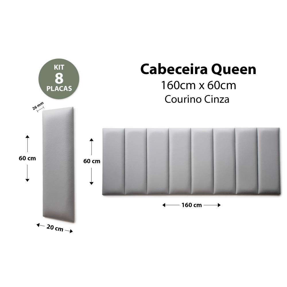 Placas Cabeceira Modulada Reta Adesiva Queen Estofada 160cm x 60cm Kit 8 Placas - Courino Cinza