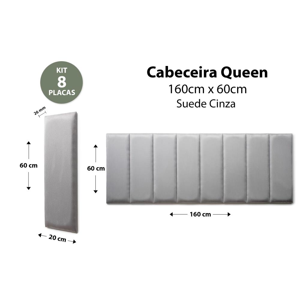 Placas Cabeceira Modulada Reta Adesiva Queen Estofada 160cm x 60cm Kit 8 Placas - Suede Cinza