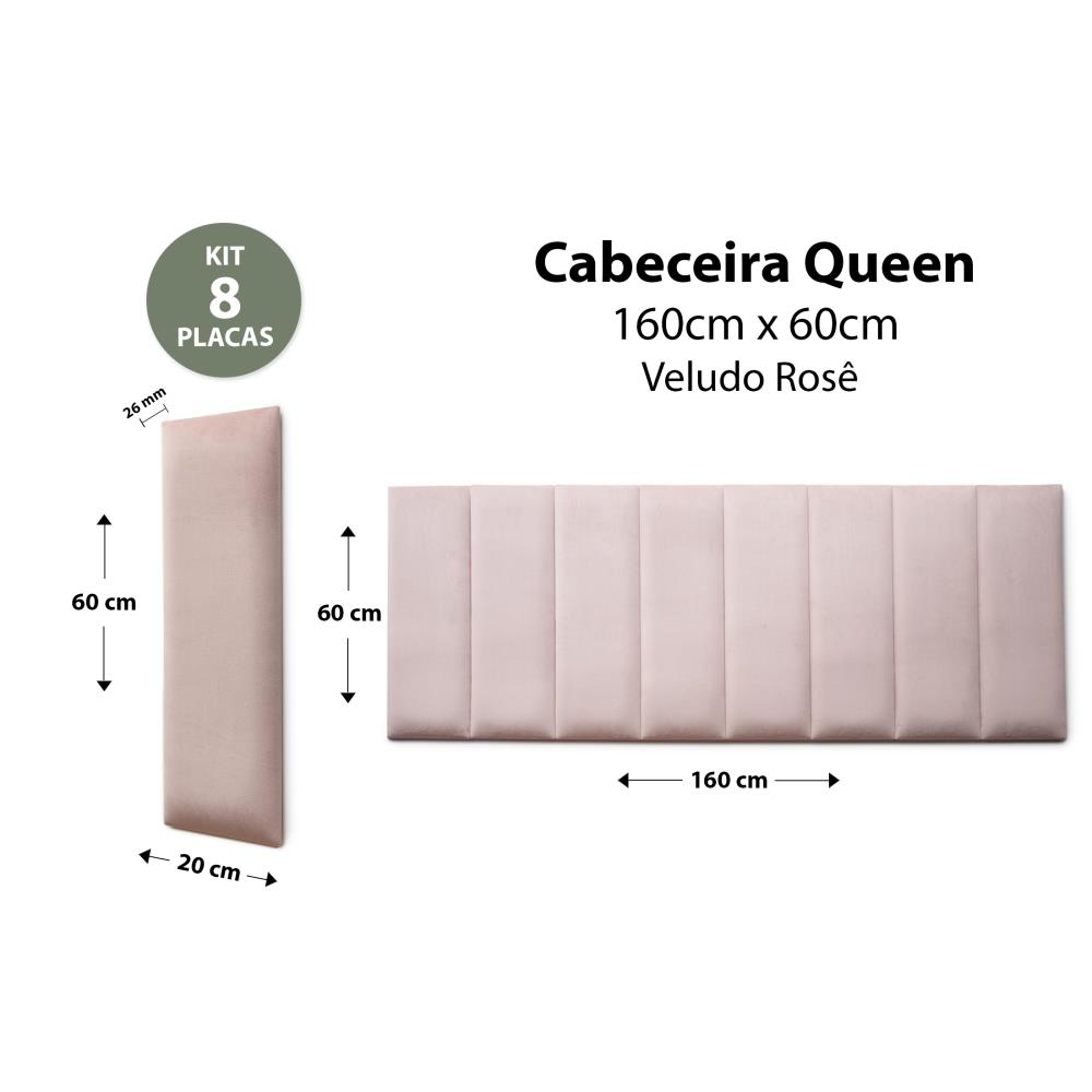 Placas Cabeceira Modulada Reta Adesiva Queen Estofada 160cm x 60cm Kit 8 Placas - Veludo Nude