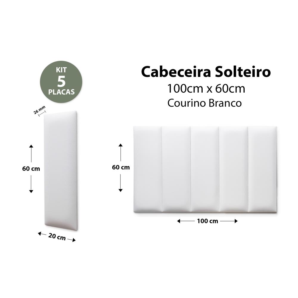 Placas Cabeceira Modulada Reta Adesiva Solteiro Estofada 100cm x 60cm Kit 5 Placas - Courino Branco
