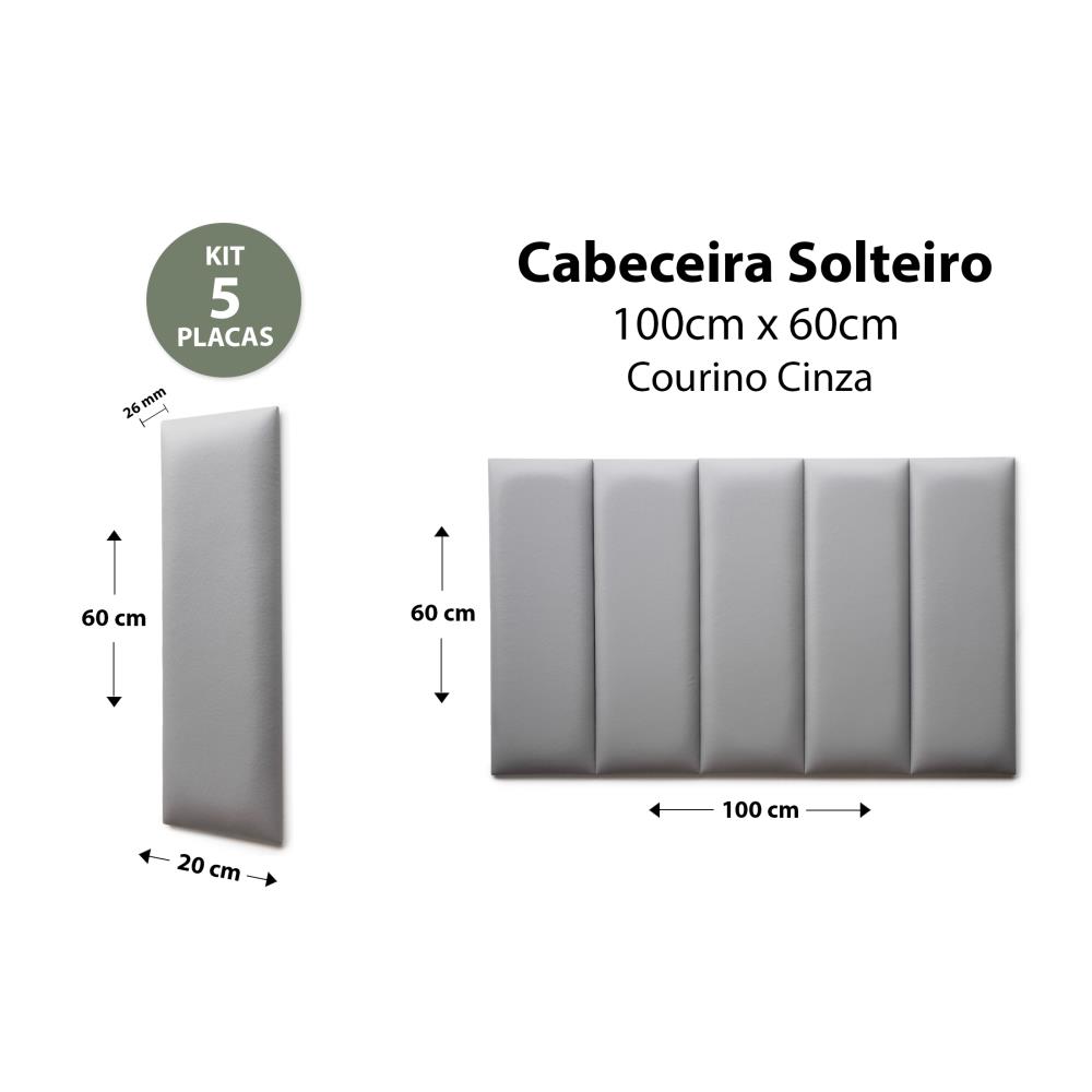 Placas Cabeceira Modulada Reta Adesiva Solteiro Estofada 100cm x 60cm Kit 5 Placas - Courino Cinza