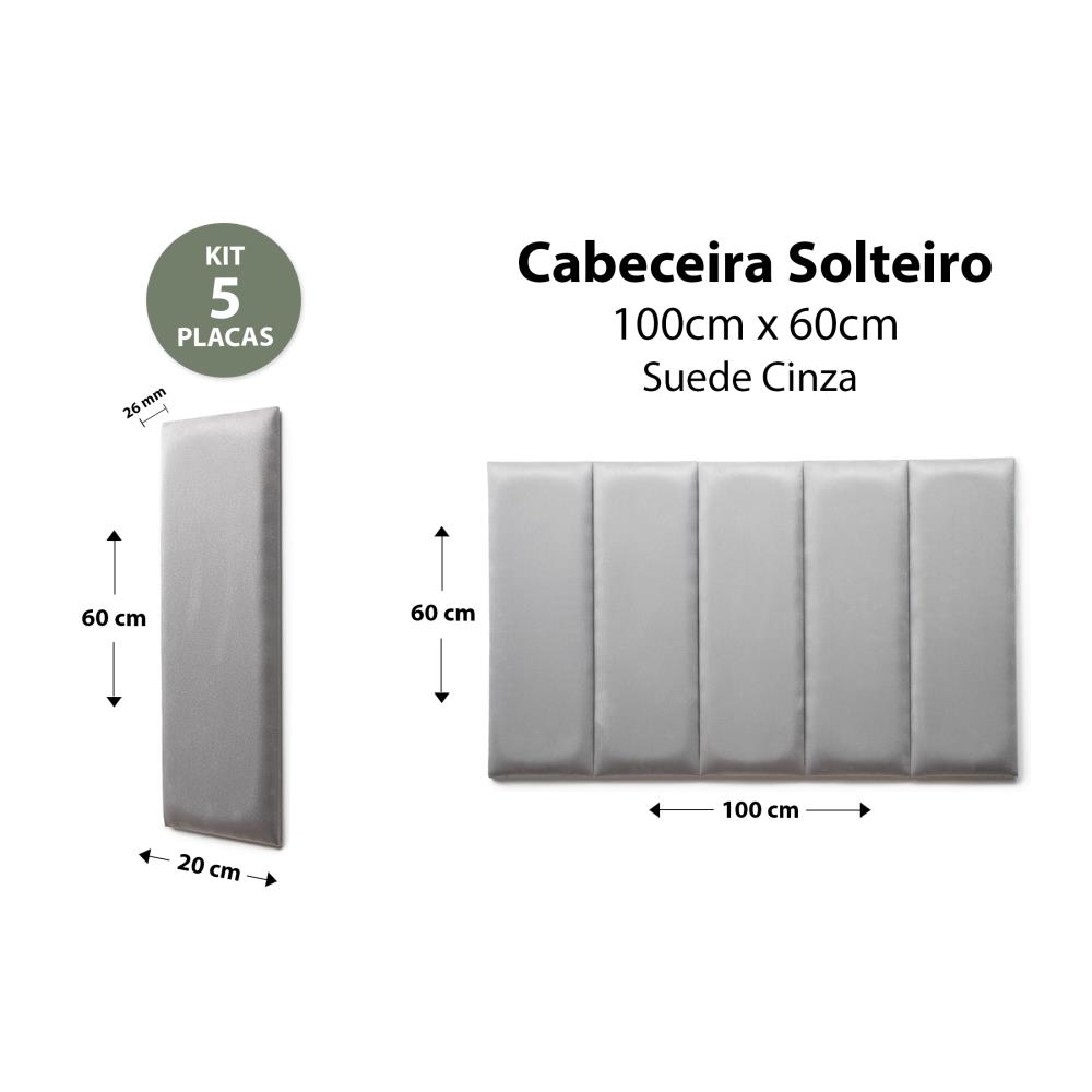 Placas Cabeceira Modulada Reta Adesiva Solteiro Estofada 100cm x 60cm Kit 5 Placas - Suede Cinza
