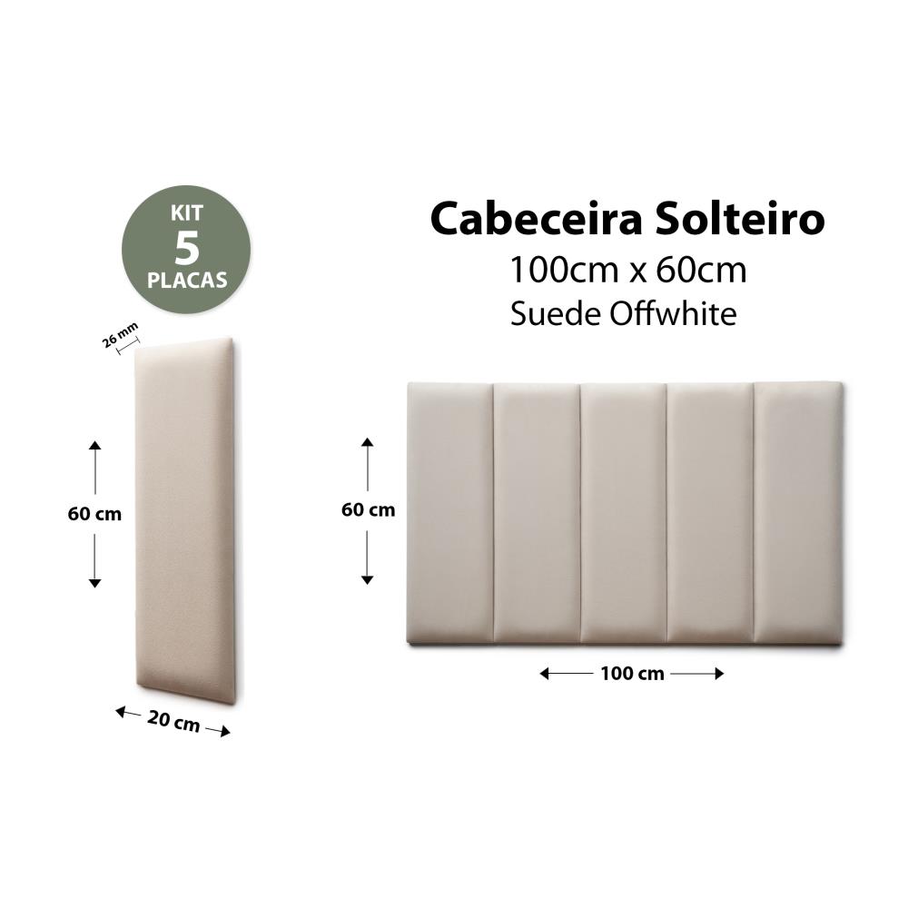 Placas Cabeceira Modulada Reta Adesiva Solteiro Estofada 100cm x 60cm Kit 5 Placas - Suede Off White