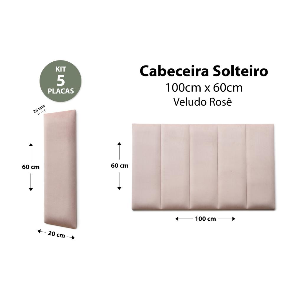 Placas Cabeceira Modulada Reta Adesiva Solteiro Estofada 100cm x 60cm Kit 5 Placas - Veludo Nude