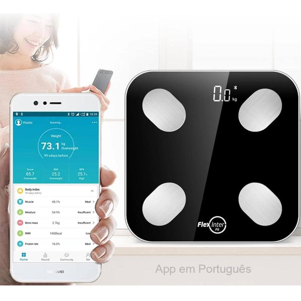 Balança Digital Bioimpedância Smart 180kg App Android e IOS Preto FlexInter