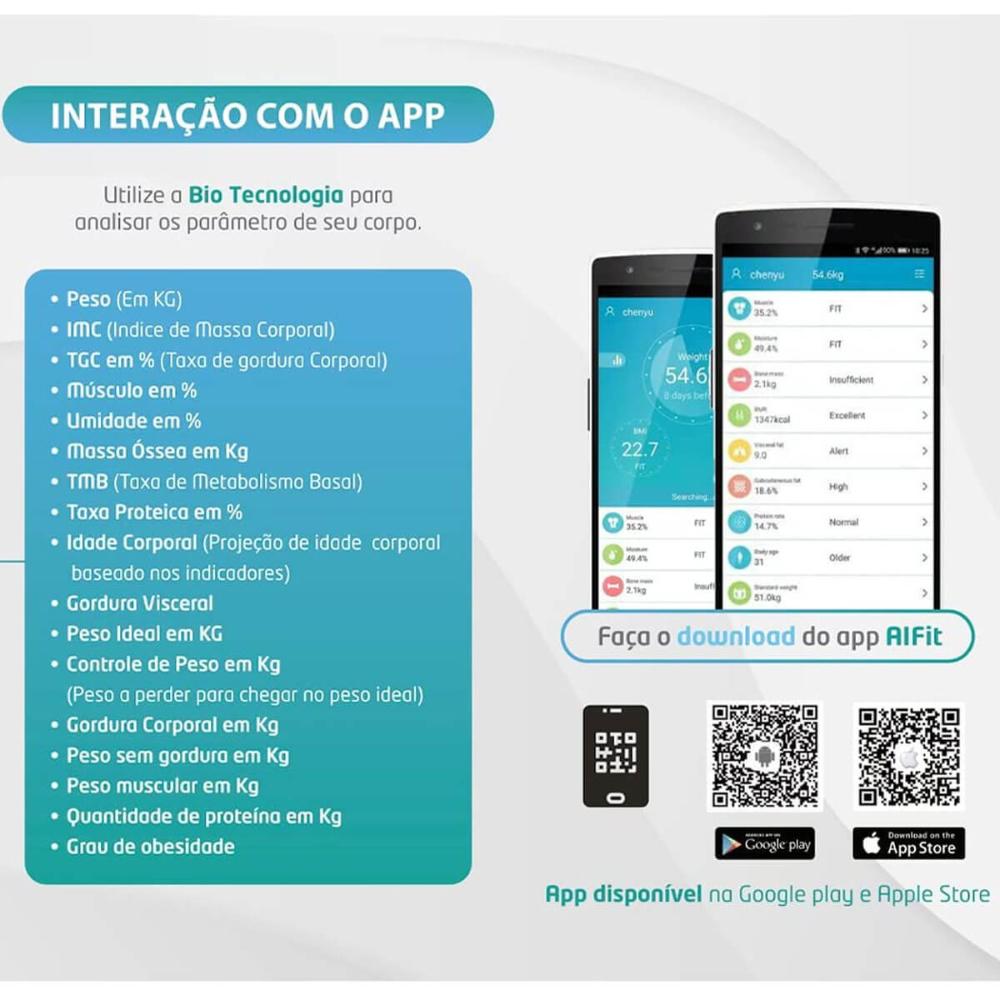 Balança Digital Bioimpedância Smart 180kg App Android e IOS Preto FlexInter