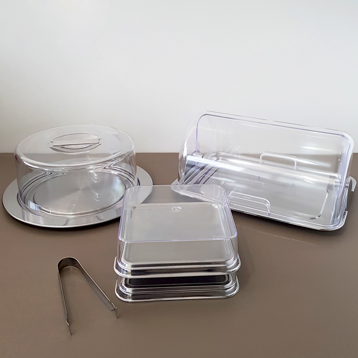 Kit Porta Pão Porta Frios e Porta Bolo Aço Inox Tampas Transparentes Vision Forma