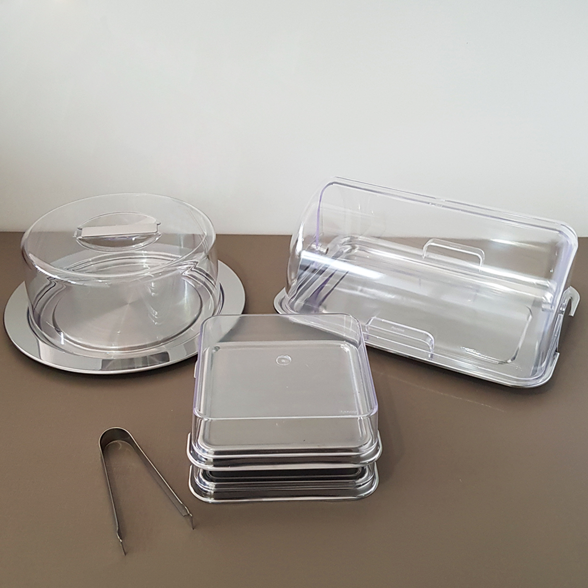Kit Porta Pão Porta Frios e Porta Bolo Aço Inox Tampas Transparentes Vision Forma