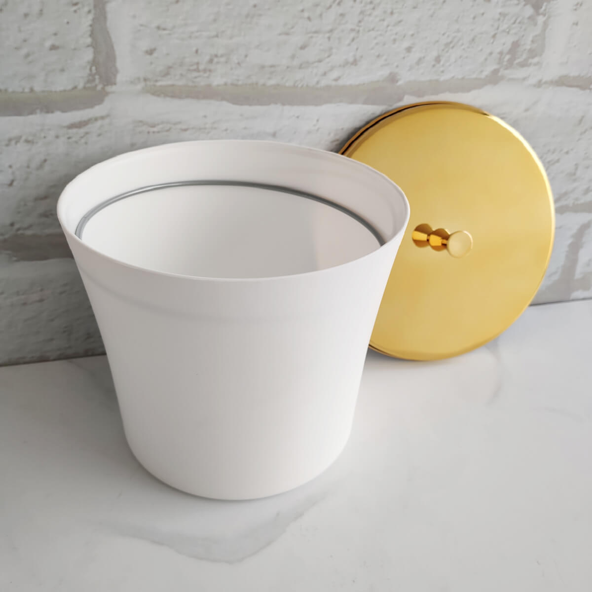 Lixeira Pequena com Aro para  Pia de Cozinha Branca e Dourada 3L Forma Inox