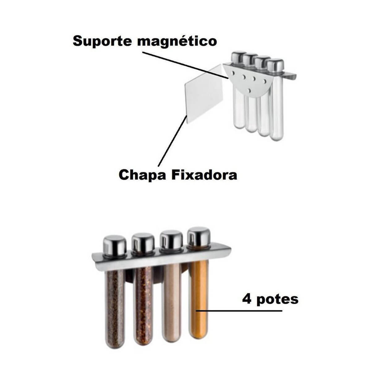 Porta Temperos Organizador Magnético Aço Inox 4 Potes Plásticos Forma