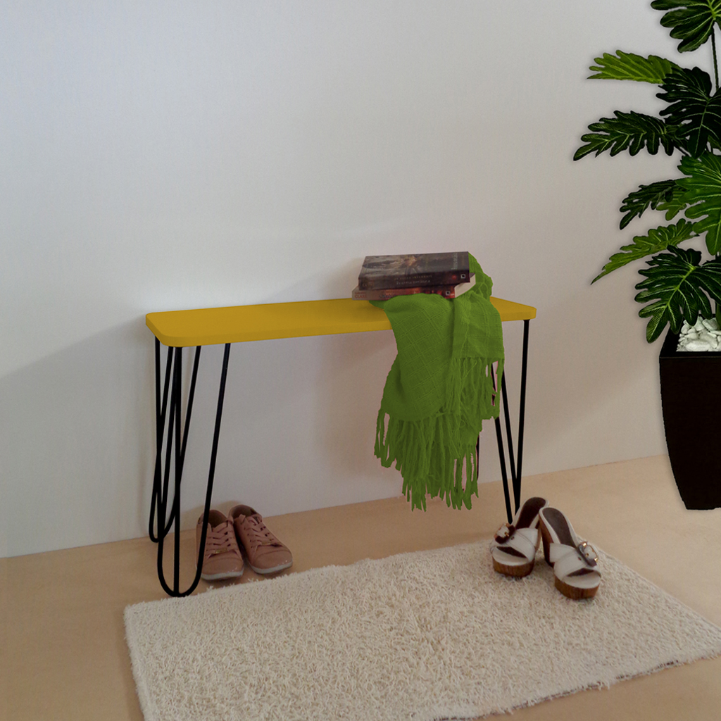 Banco Namoradeira Tampo Pés Hairpin Legs Estilo Industrial Amarelo Laca