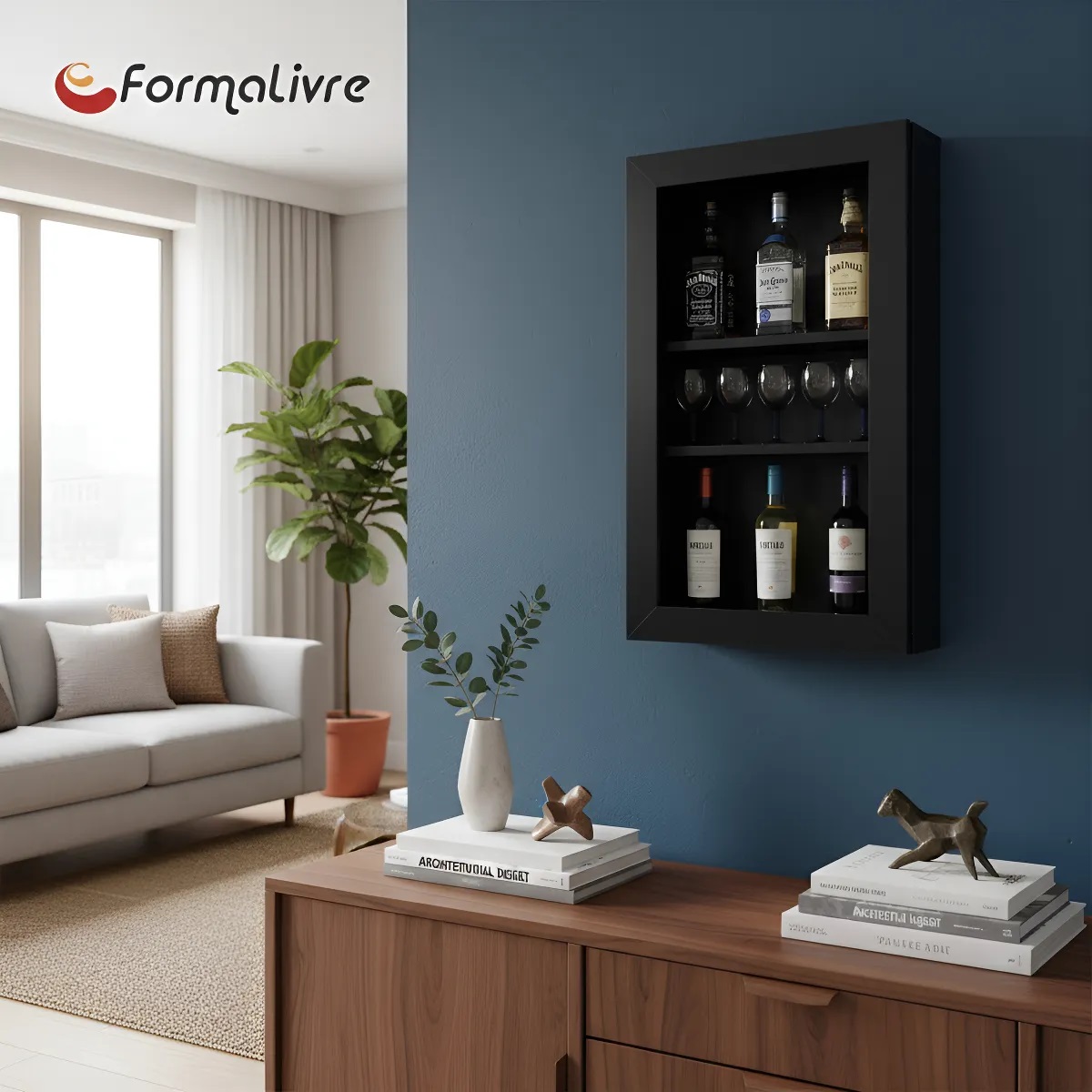 Bar Adega Peq Cristaleira Suspenso de Parede para Sala Estar ou Jantar Preto