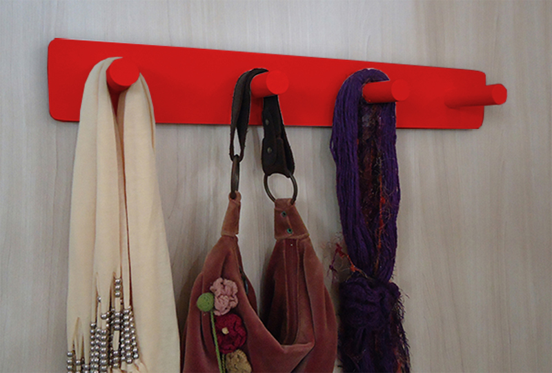 Cabideiro de Parede Porta Bolsas Mochilas Tolhas Pinos Vermelho Laca