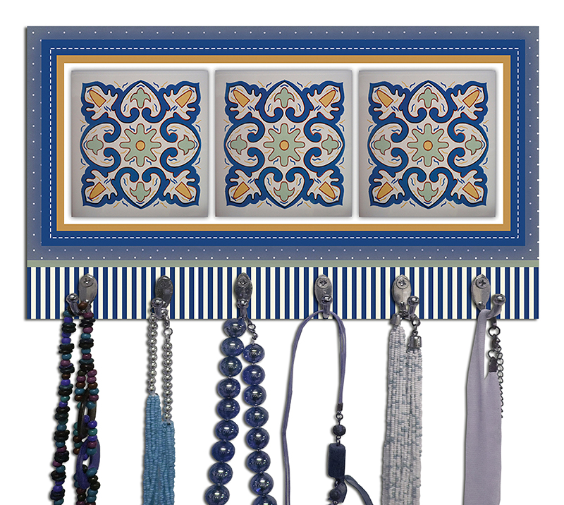 Cabideiro de Parede Porta Colar Chaves Cintos Toalhas - Azulejo Azul