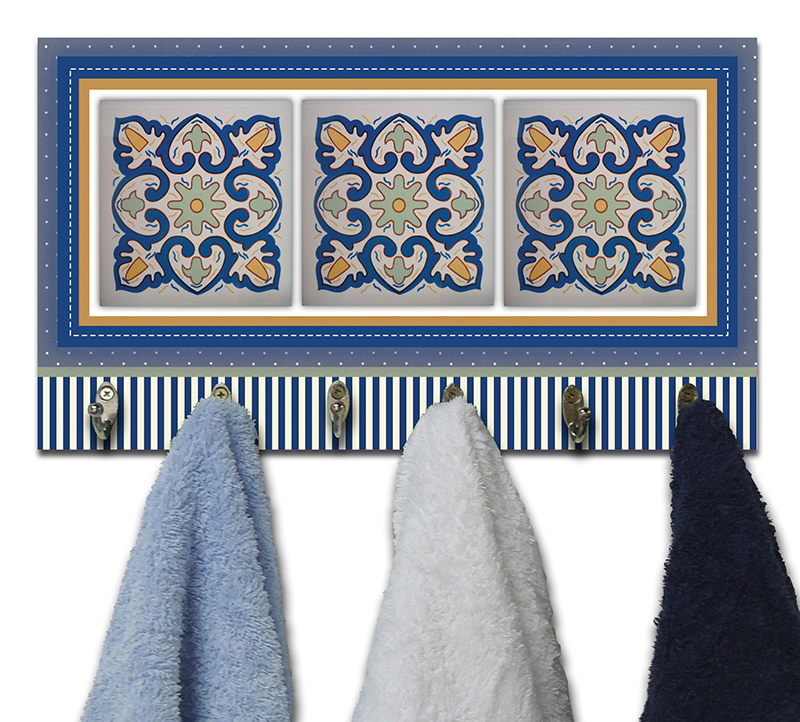 Cabideiro de Parede Porta Colar Chaves Cintos Toalhas - Azulejo Azul